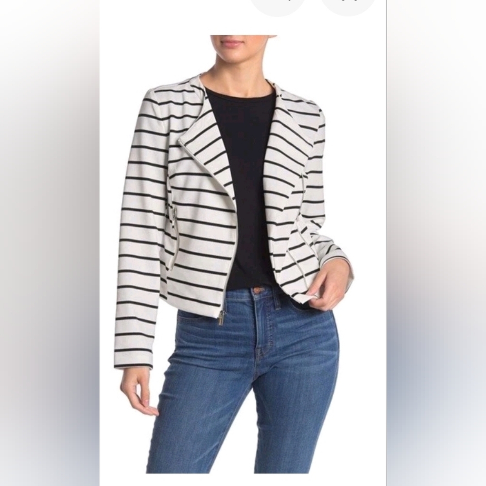 Bagatelle Black and White Striped moto‎ draped lapel jacket
